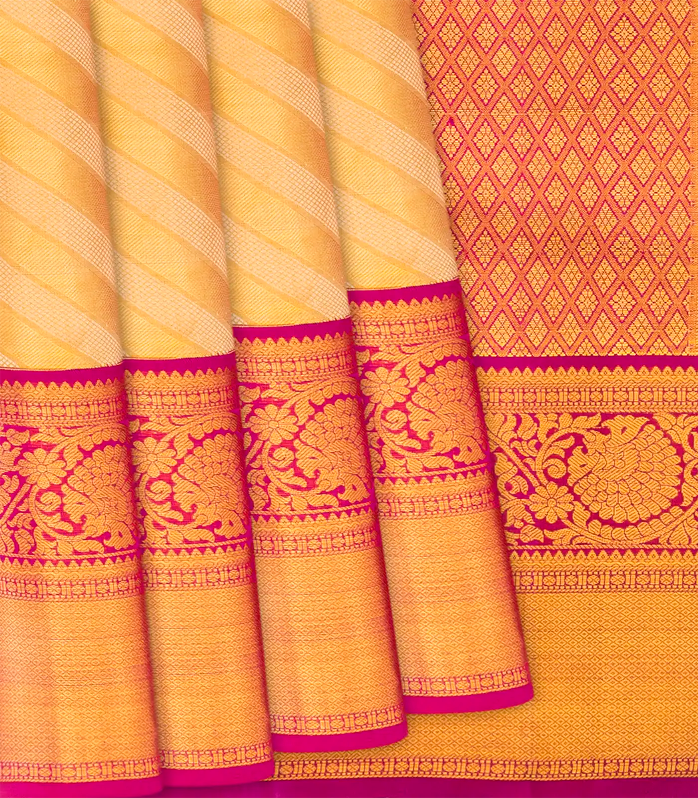 Beige Handloom Kanchipuram Korvai Silk Saree With Diagonal Stripes-Beige