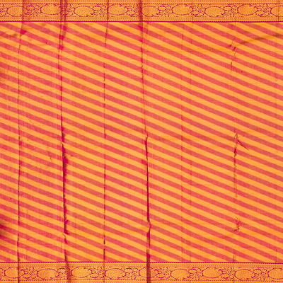 Beige Handloom Kanchipuram Korvai Silk Saree With Diagonal Stripes-Beige