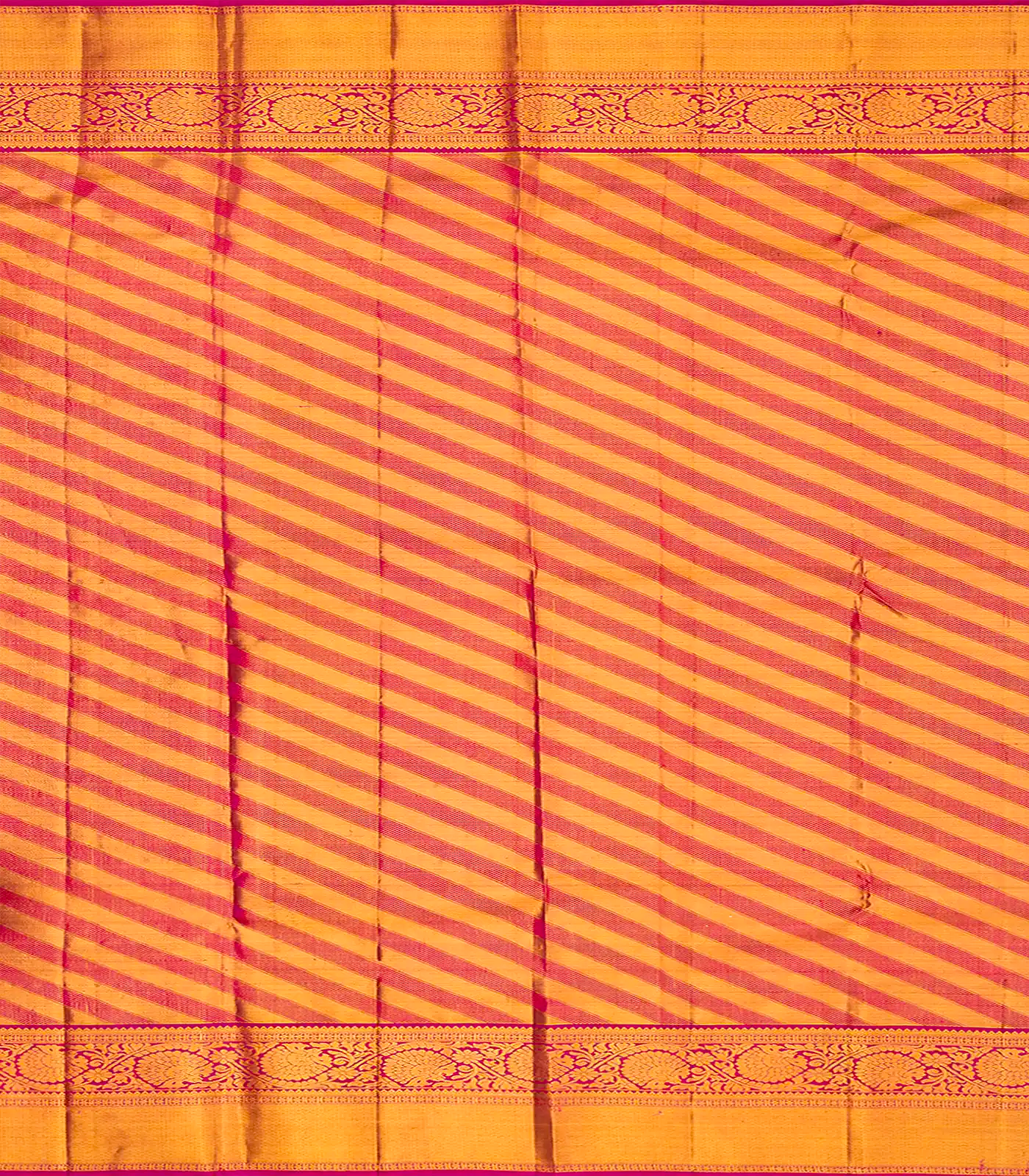 Beige Handloom Kanchipuram Korvai Silk Saree With Diagonal Stripes-Beige