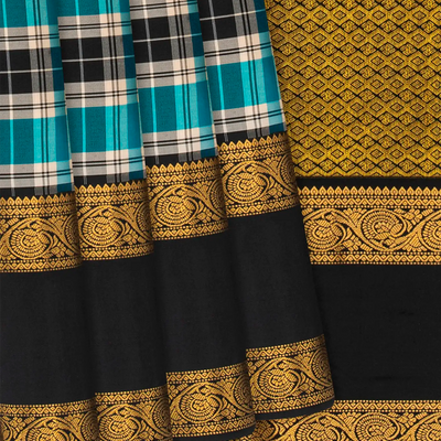 Multi Colour Checks Kanchipuram Silk Saree With  Black contrast  border & pallu-Multi colour