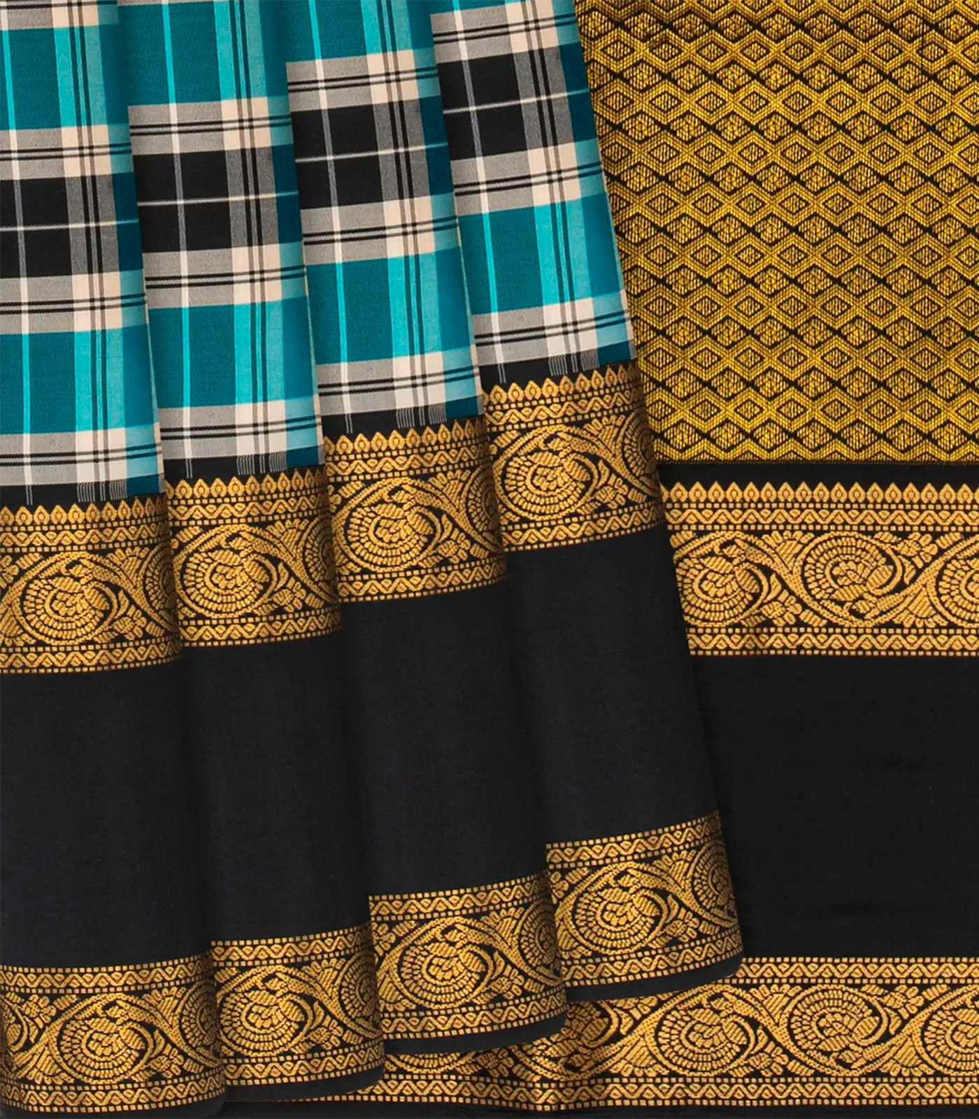 Multi Colour Checks Kanchipuram Silk Saree With  Black contrast  border & pallu-Multi colour