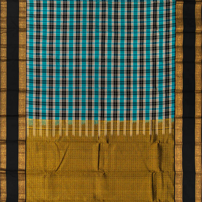 Multi Colour Checks Kanchipuram Silk Saree With  Black contrast  border & pallu-Multi colour