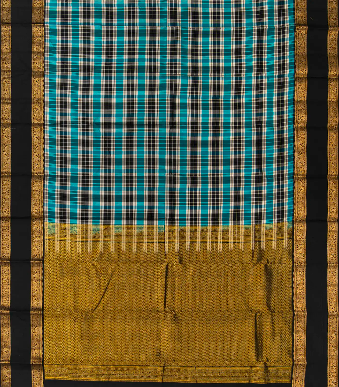 Multi Colour Checks Kanchipuram Silk Saree With  Black contrast  border & pallu-Multi colour