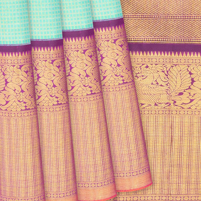 Turquoise Handloom Kanchipuram Korvai Silk Saree With Checks & Floral Motifs-Turquoise