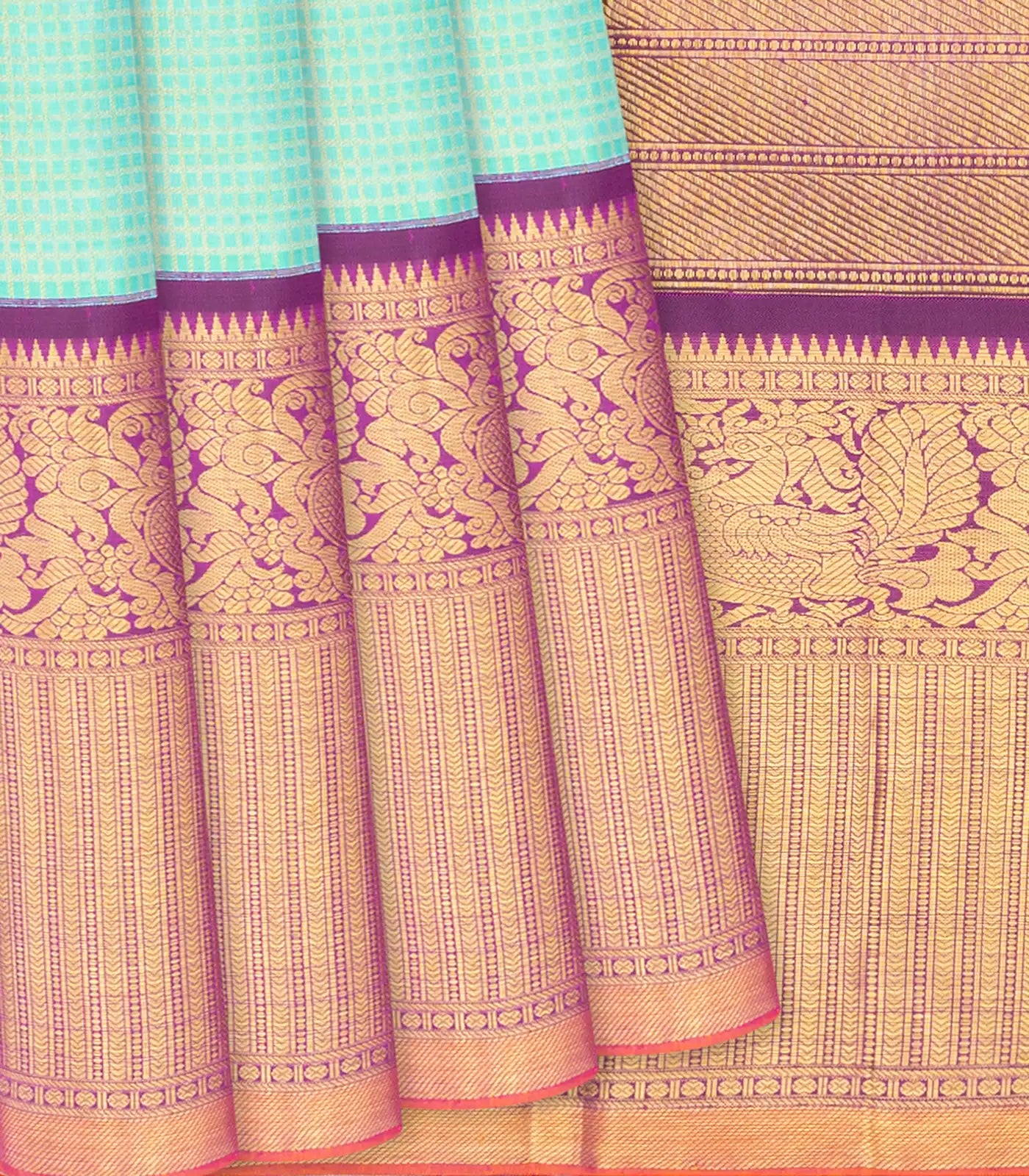 Turquoise Handloom Kanchipuram Korvai Silk Saree With Checks & Floral Motifs-Turquoise