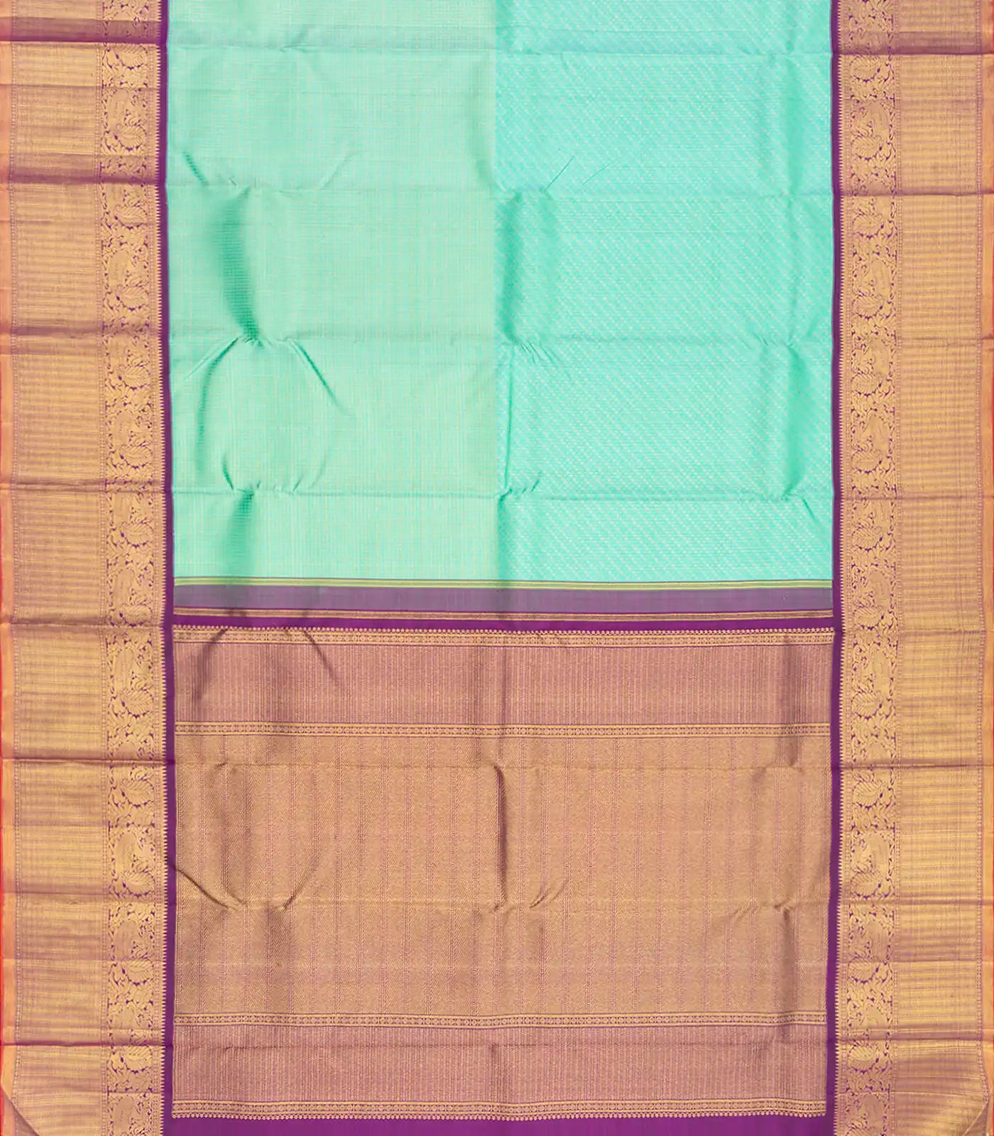 Turquoise Handloom Kanchipuram Korvai Silk Saree With Checks & Floral Motifs-Turquoise