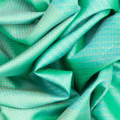 Turquoise Handloom Kanchipuram Korvai Silk Saree With Checks & Floral Motifs-Turquoise