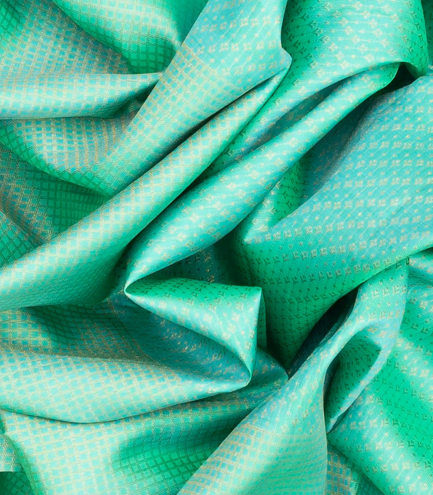 Turquoise Handloom Kanchipuram Korvai Silk Saree With Checks & Floral Motifs-Turquoise