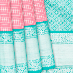 Peach Handloom Kanchipuram Korvai Silk Saree With Zari Checks-Peach