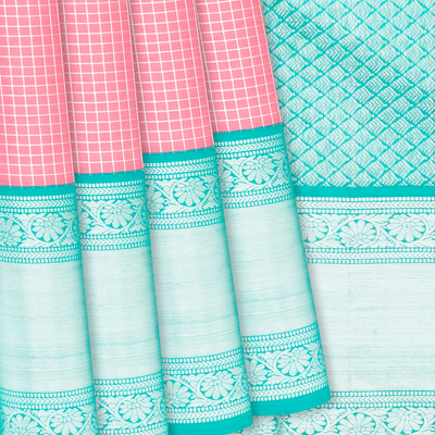 Peach Handloom Kanchipuram Korvai Silk Saree With Zari Checks-Peach