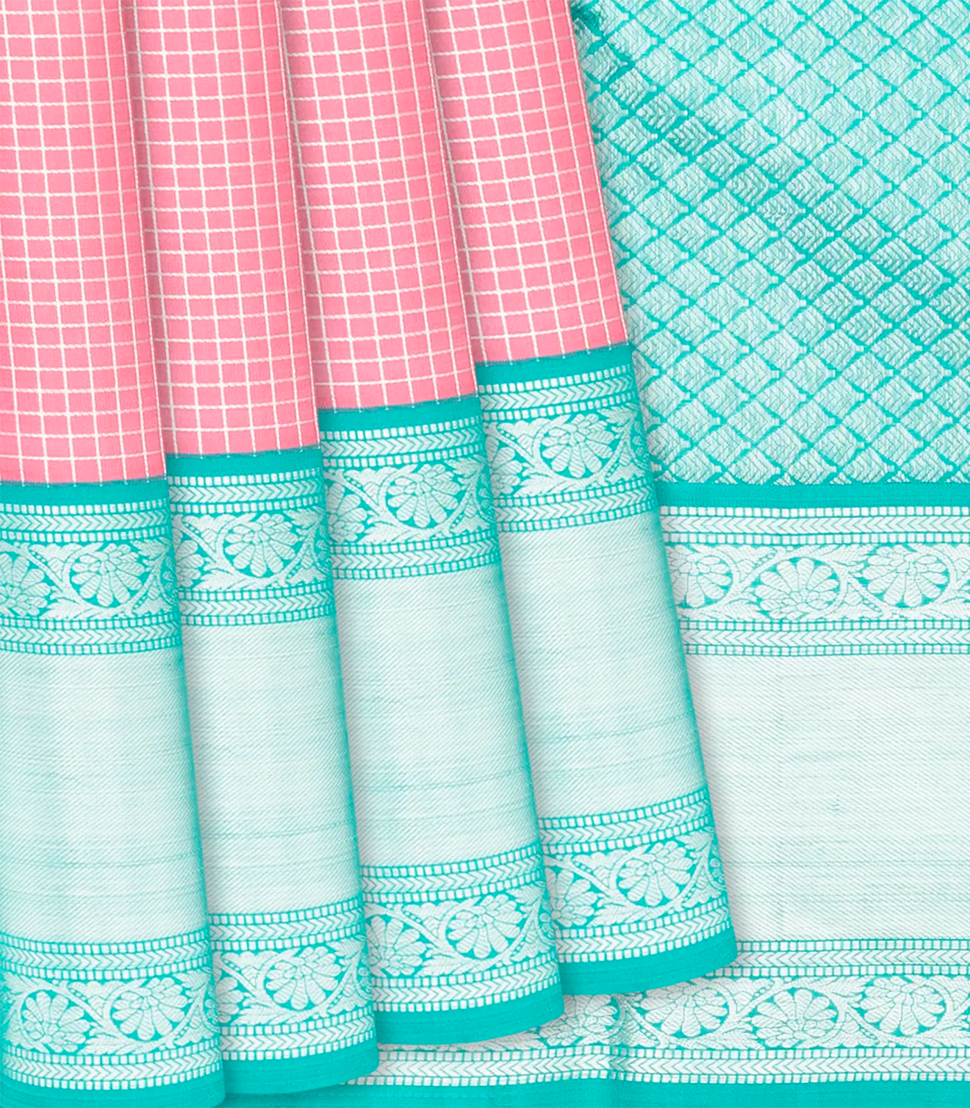 Peach Handloom Kanchipuram Korvai Silk Saree With Zari Checks-Peach