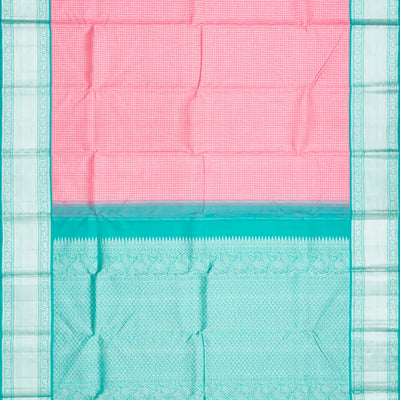 Peach Handloom Kanchipuram Korvai Silk Saree With Zari Checks-Peach