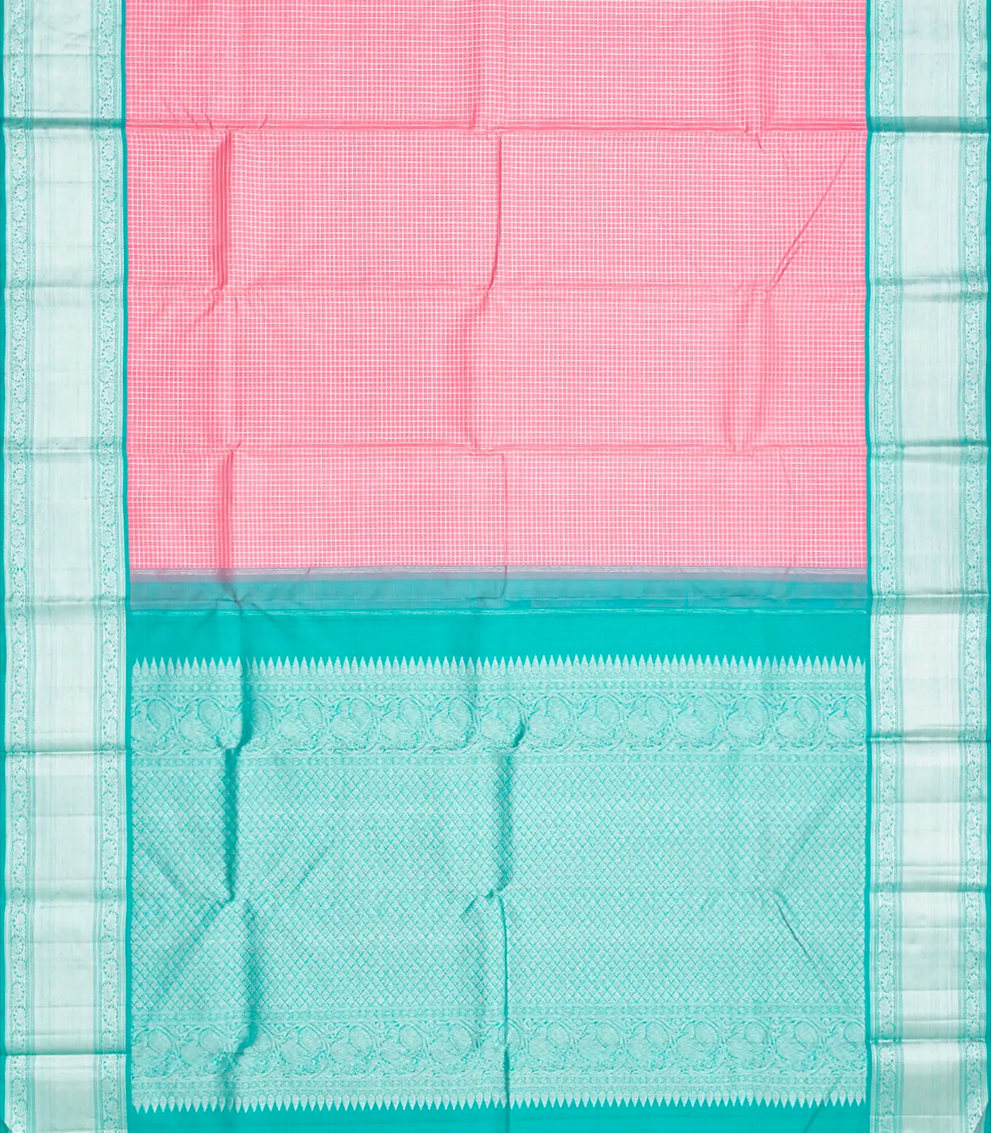 Peach Handloom Kanchipuram Korvai Silk Saree With Zari Checks-Peach