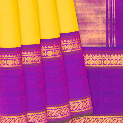 Light Yellow Handloom Kanchipuram Korvai Silk Saree With Contrast Purple Border-Lime Yellow