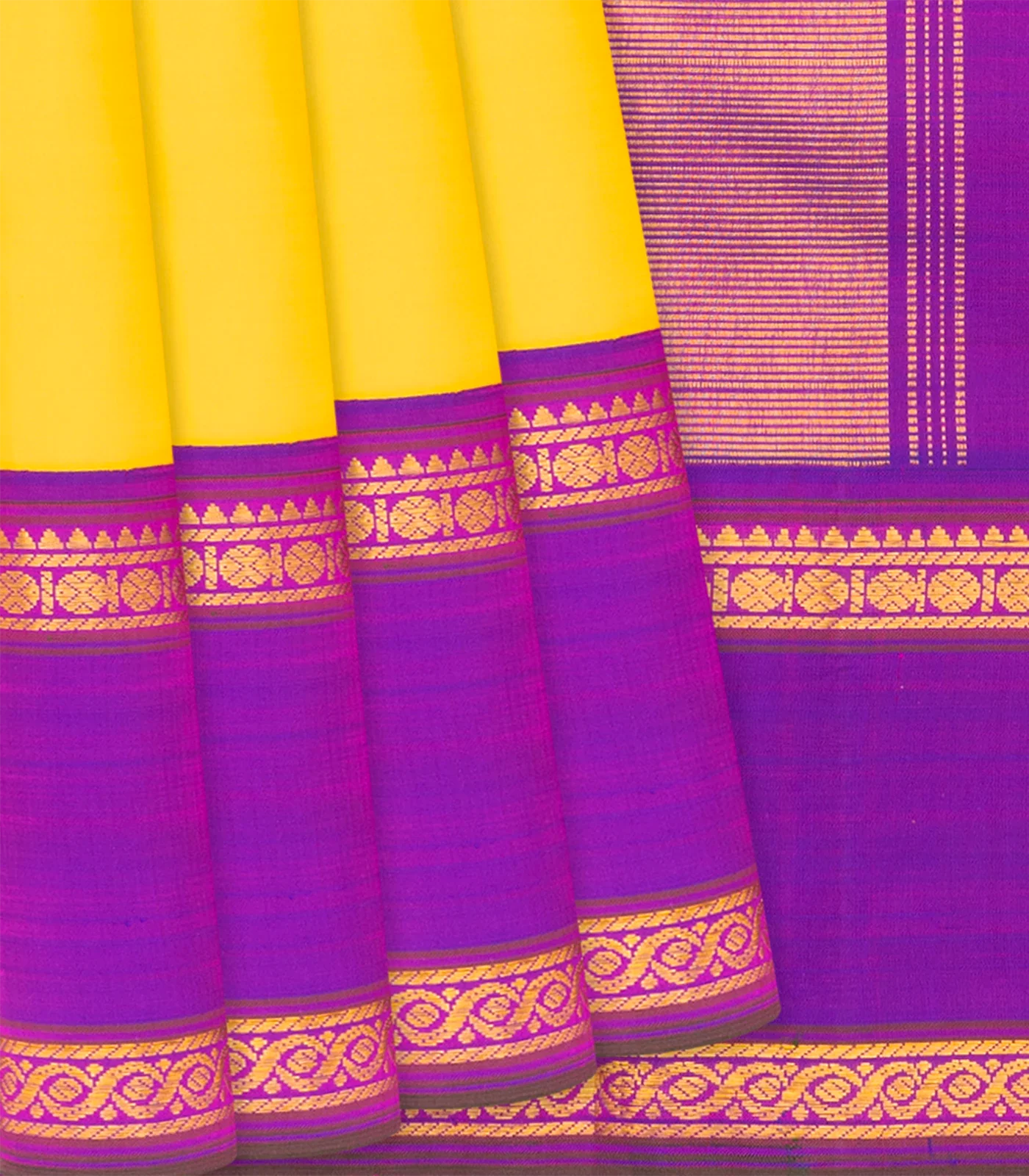 Light Yellow Handloom Kanchipuram Korvai Silk Saree With Contrast Purple Border-Lime Yellow