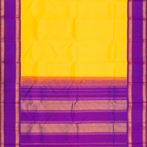 Light Yellow Handloom Kanchipuram Korvai Silk Saree With Contrast Purple Border-Lime Yellow