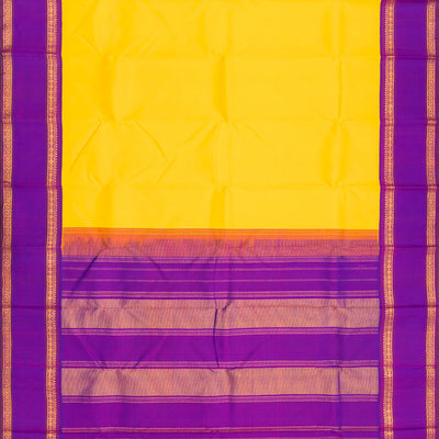 Light Yellow Handloom Kanchipuram Korvai Silk Saree With Contrast Purple Border-Lime Yellow