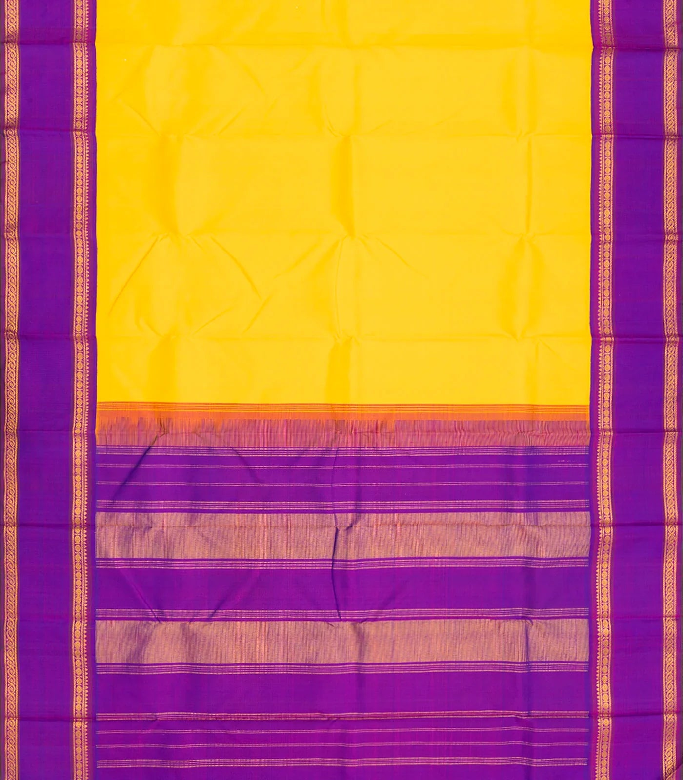 Light Yellow Handloom Kanchipuram Korvai Silk Saree With Contrast Purple Border-Lime Yellow