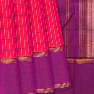 Red Handloom Kanchipuram Silk Saree With Checks-Red