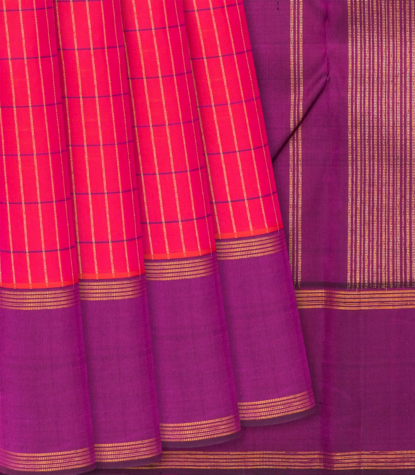Red Handloom Kanchipuram Silk Saree With Checks-Red