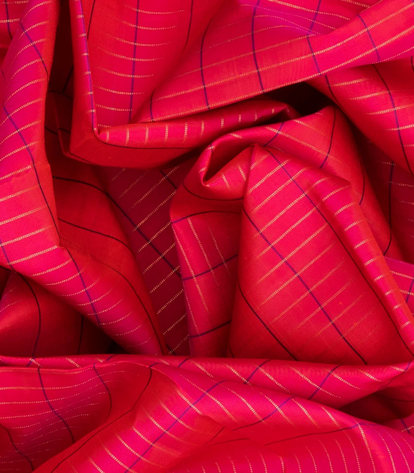 Red Handloom Kanchipuram Silk Saree With Checks-Red