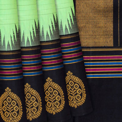 Light Green Handloom Kanchipuram Korvai Silk Saree With Black Border-Light Green