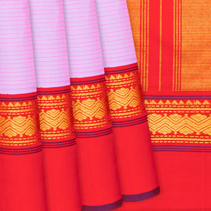 Light Pink Handloom Kanchipuram Korvai Silk Saree With Stripes-Pink