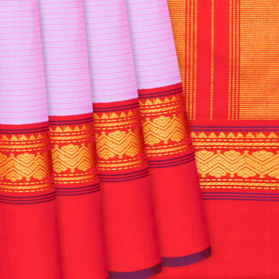 Light Pink Handloom Kanchipuram Korvai Silk Saree With Stripes-Pink