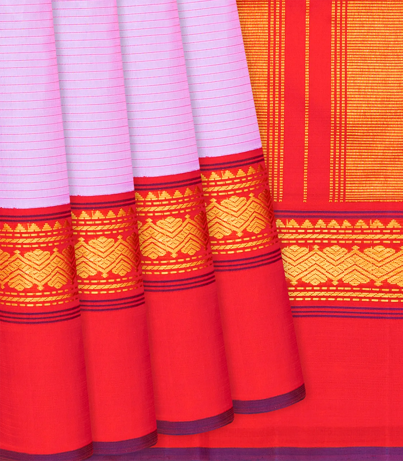 Light Pink Handloom Kanchipuram Korvai Silk Saree With Stripes-Pink