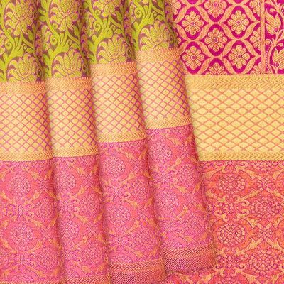 Green Handloom Kanchipuram Silk Saree With Meena Floral Motifs-Green