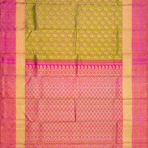 Green Handloom Kanchipuram Silk Saree With Meena Floral Motifs-Green