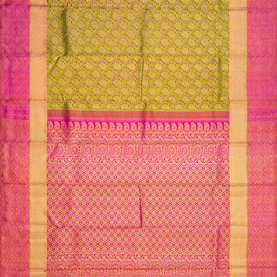 Green Handloom Kanchipuram Silk Saree With Meena Floral Motifs-Green