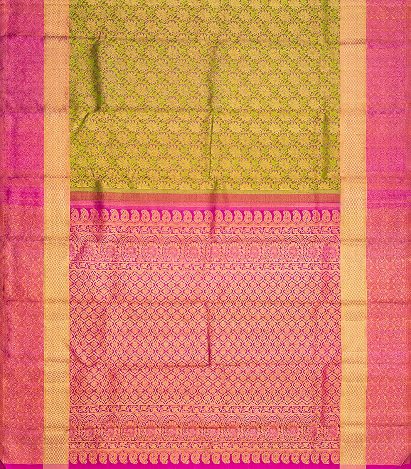 Green Handloom Kanchipuram Silk Saree With Meena Floral Motifs-Green