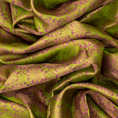 Green Handloom Kanchipuram Silk Saree With Meena Floral Motifs-Green