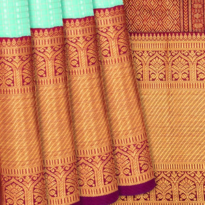 Turquoise Handloom Kanchipuram Korvai Silk Saree With Checks-Turquoise