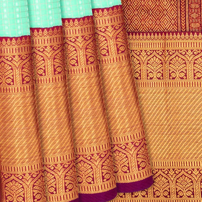 Turquoise Handloom Kanchipuram Korvai Silk Saree With Checks-Turquoise