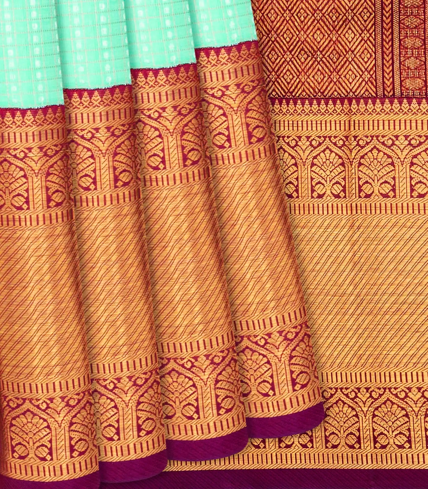 Turquoise Handloom Kanchipuram Korvai Silk Saree With Checks-Turquoise