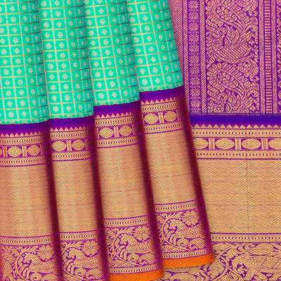 Turquoise Handloom Kanchipuram Korvai Silk Saree With Zari Checks-Turquoise