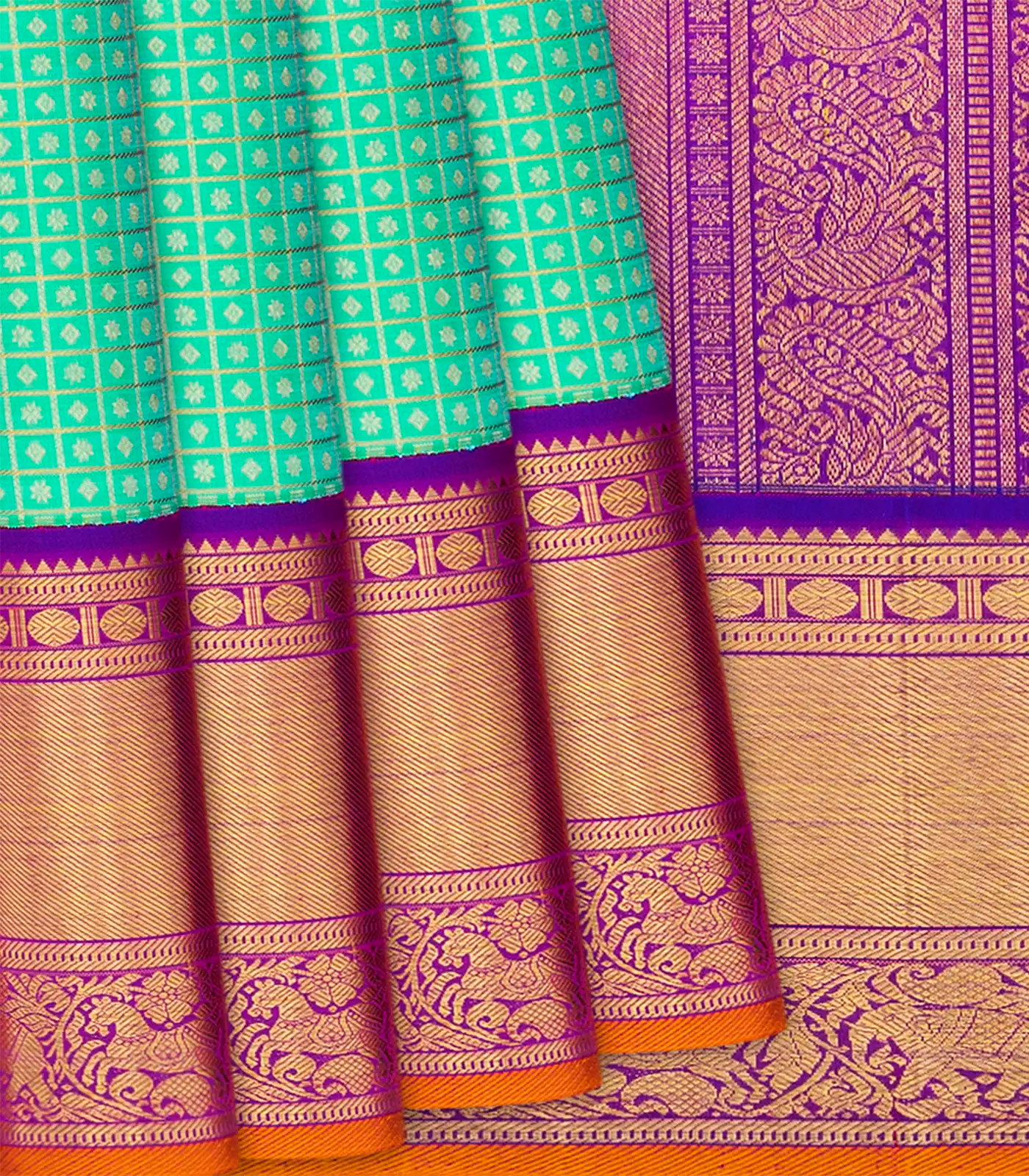 Turquoise Handloom Kanchipuram Korvai Silk Saree With Zari Checks-Turquoise