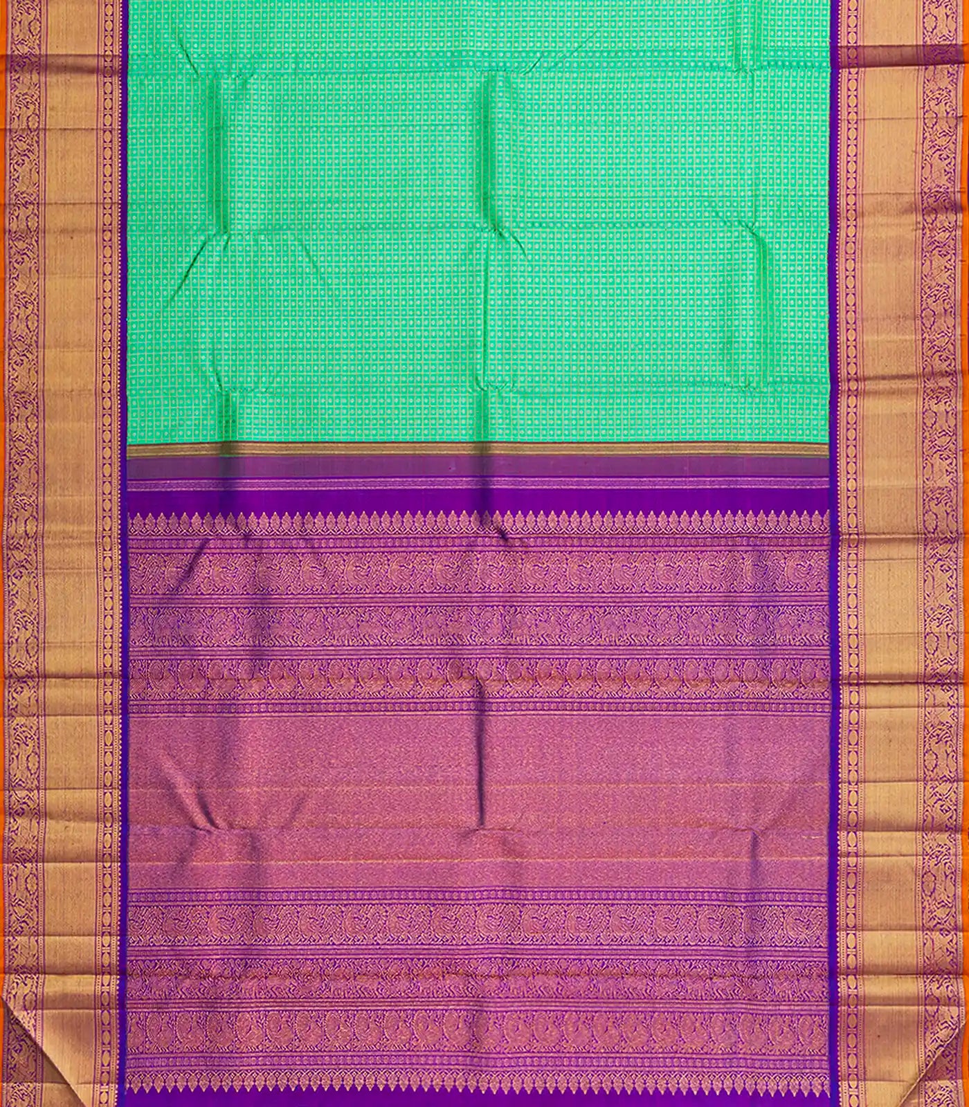 Turquoise Handloom Kanchipuram Korvai Silk Saree With Zari Checks-Turquoise