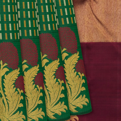Green Handloom Kanchipuram Silk Saree With Broken Stripes-Green