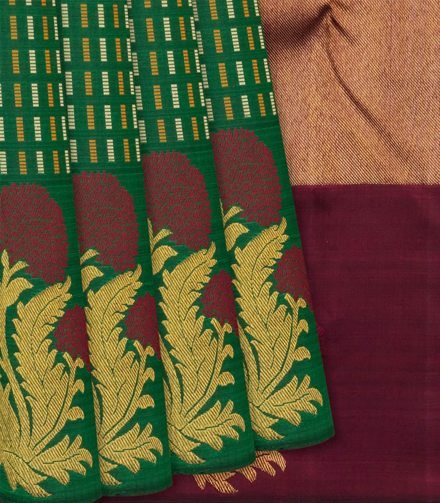 Green Handloom Kanchipuram Silk Saree With Broken Stripes-Green