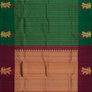 Green Handloom Kanchipuram Silk Saree With Broken Stripes-Green