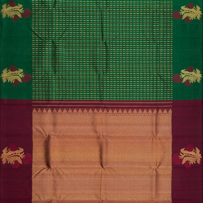 Green Handloom Kanchipuram Silk Saree With Broken Stripes-Green