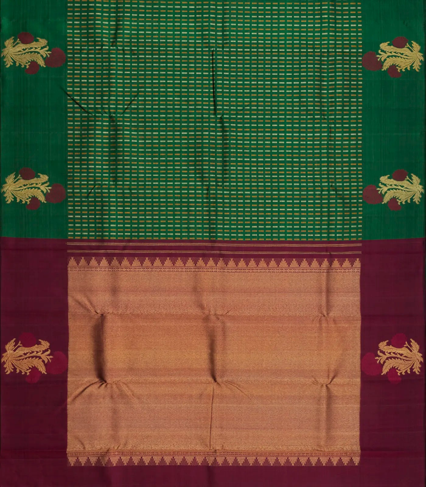 Green Handloom Kanchipuram Silk Saree With Broken Stripes-Green