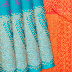 Cyan Handloom Kanchipuram Silk Saree With Mango Motifs-Cyan