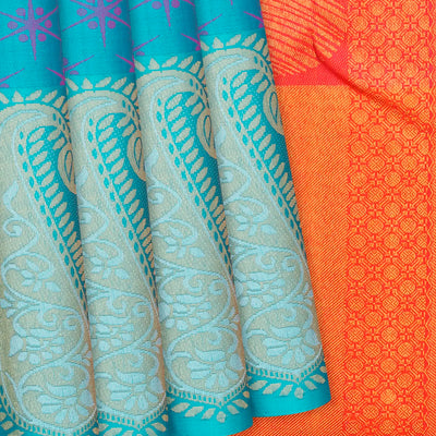 Cyan Handloom Kanchipuram Silk Saree With Mango Motifs-Cyan