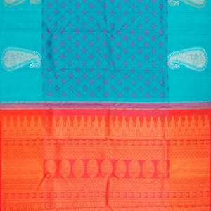 Cyan Handloom Kanchipuram Silk Saree With Mango Motifs-Cyan