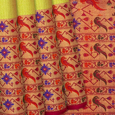 Golden Handloom Kanchipuram Silk Saree With Meena Parrot Motifs-Gold