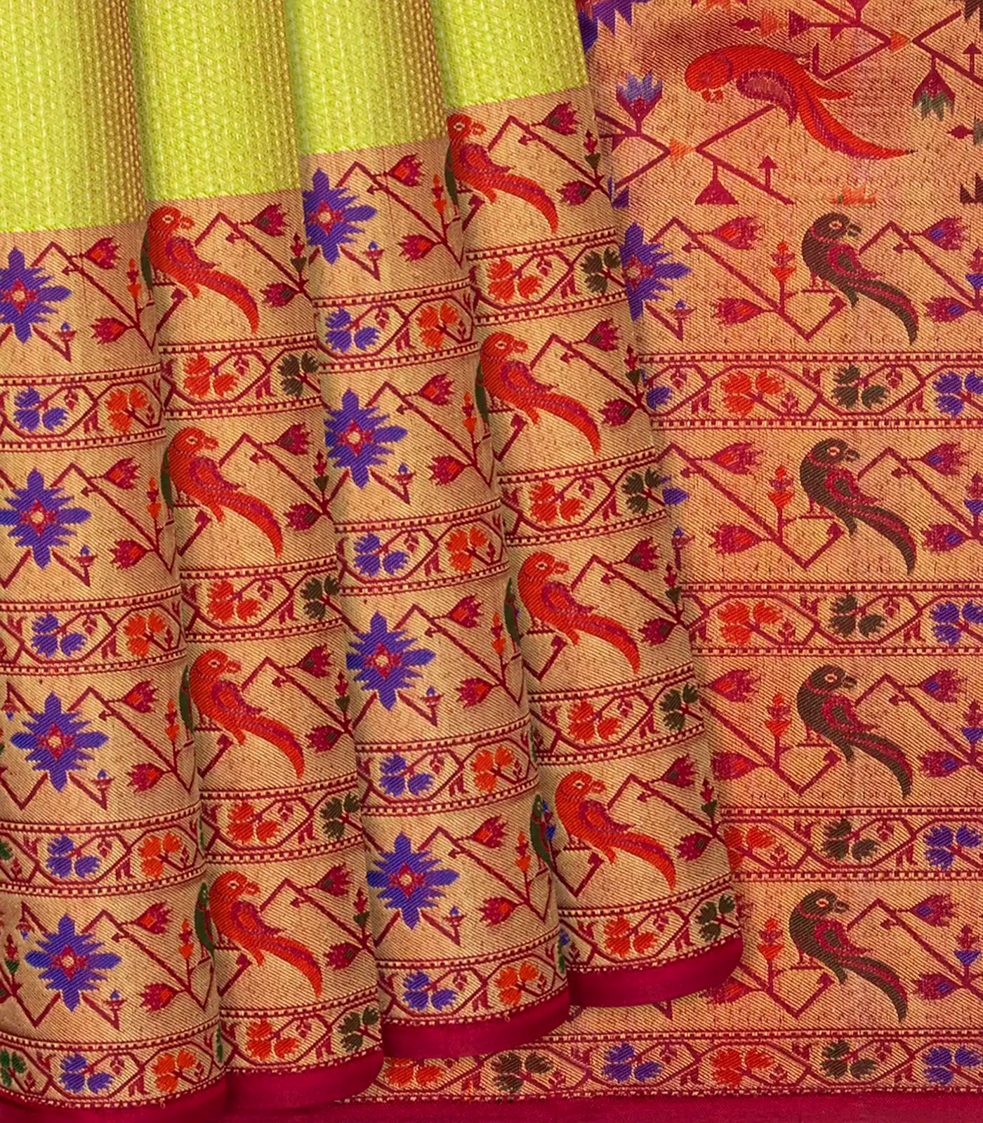 Golden Handloom Kanchipuram Silk Saree With Meena Parrot Motifs-Gold